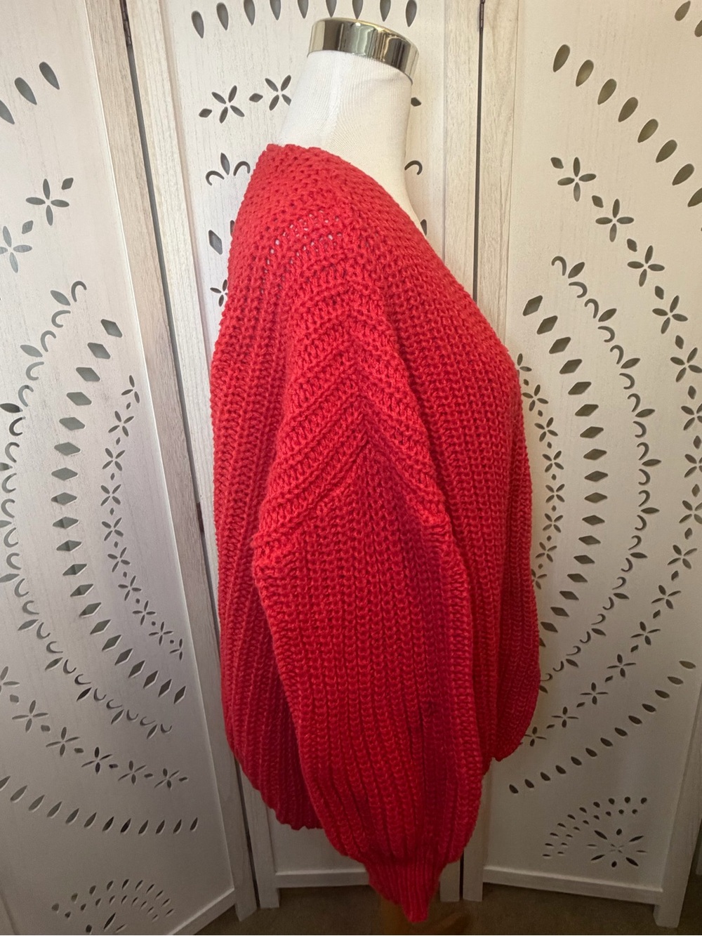 Red Women's Chunky Knit Cardigan Sweater - Picture 5 of 9